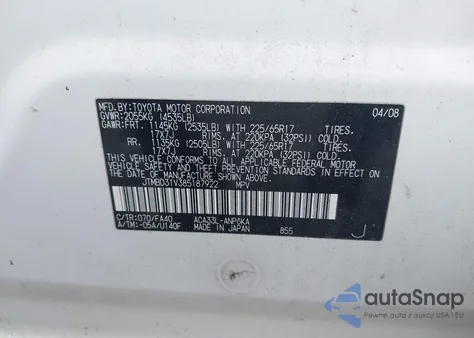 2008 Toyota Rav4 Limited z USA, uszkodzony, nr VIN JTMBD31V385187922